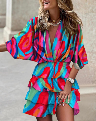 MOVOKAKA Ladies Spring Summer Sexy Beach Dress Batwing Sleeve V-neck Beam Waist Casual Mid Dress For Women Print Tierred Dresses