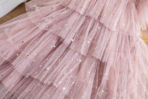 Little Girls Summer Dresses Sequins Tulle Kids Birthday Wedding Party Princess Dress 3 6 8 Yrs Elegant Children Casual Clothing