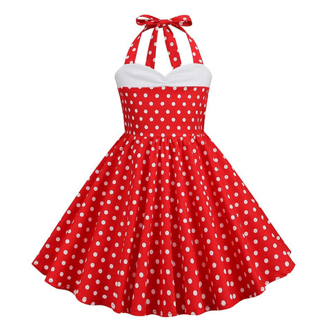Kids Girls 50s Audrey Vintage Polka Dot Swing Party Rockabilly Dress Retro Peter Pan Doll Collar Wedding Casual Skater Dress