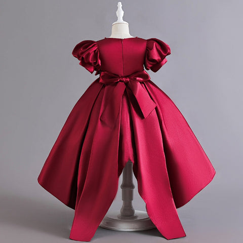 Girls Tail Princess Dress New Summer Medium And Big Children Catwalk Dress Girls Bow Knot Beaded Puff Sleeve Party Formal Dress