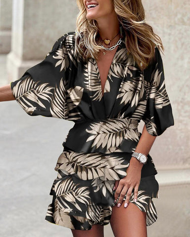 MOVOKAKA Ladies Spring Summer Sexy Beach Dress Batwing Sleeve V-neck Beam Waist Casual Mid Dress For Women Print Tierred Dresses