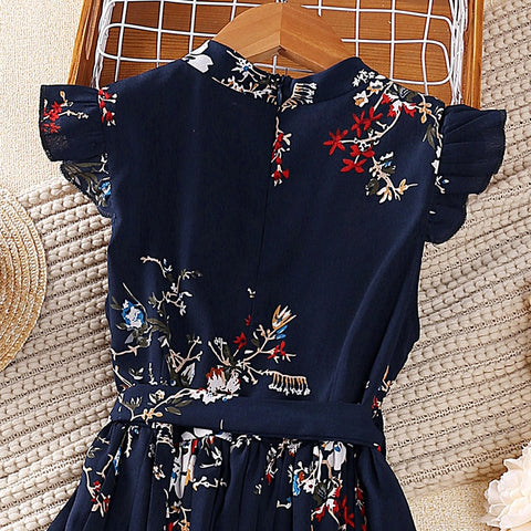Girl 2023 Summer dress Lace cuffs vintage print dress sweet Pleated skirt children's clothing birthday party dress