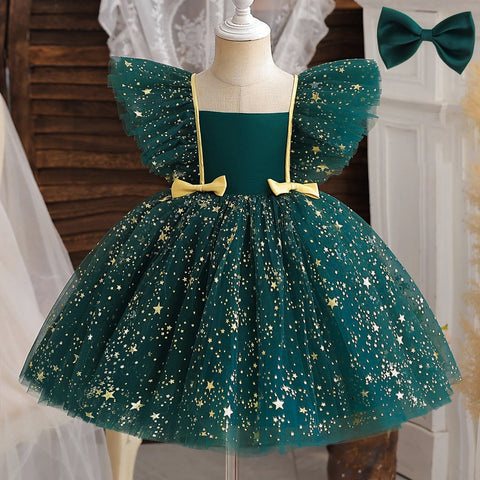 Toddler Girl Party Princess Dress Baby Champagne 1st Birthday Outfits Kids Summer Puff Sleeve Sequin Tutu Gown Girl Gala Clothes