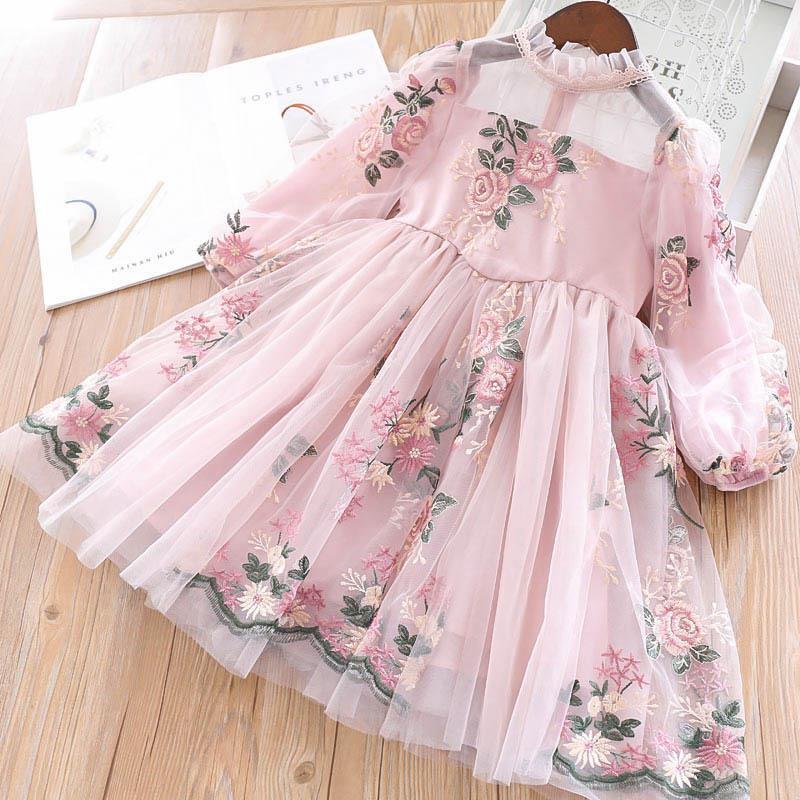 New Girls Elegant Dress Wedding Party Princess Dress Casual Girls Clothes Long Sleeves Flower Embroidery Children's Vestido 3 8Y
