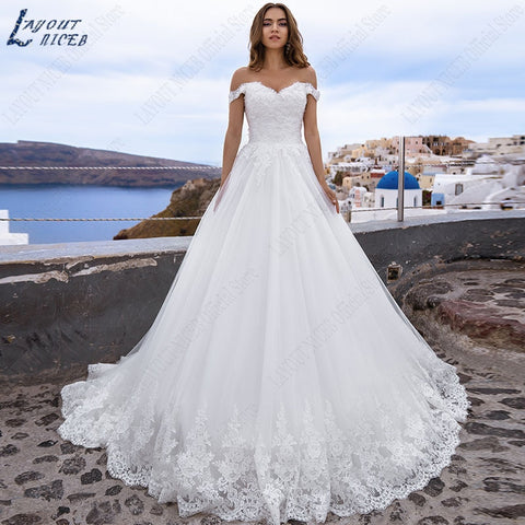 LAYOUT NICEB Sweetheart Wedding Dress Appliques A Line Wedding Gowns Off Shoulder Lace Up Vestidos De Noiva Mariage Princess