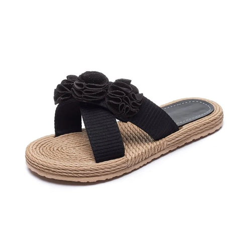 Women s Casual Flat Sandals with 3D Flower Embellishments Open Toe Design and Hemp Rope Sole for Summer Comfort