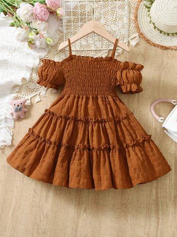 Girls Shirred Puff Sleeve Frill Trim Flowers Pattern Party Dress Kids Summer Clothes
