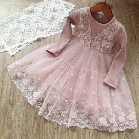 New Girls Elegant Dress Wedding Party Princess Dress Casual Girls Clothes Long Sleeves Flower Embroidery Children's Vestido 3 8Y