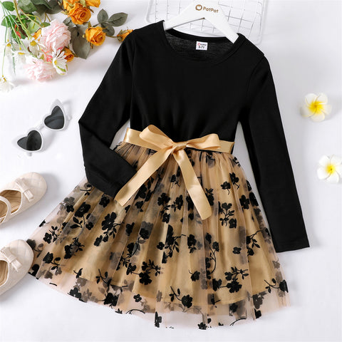 PatPat Kid Girl Dresses Floral Embroidered Belted Mesh Splice Long-sleeve Dress
