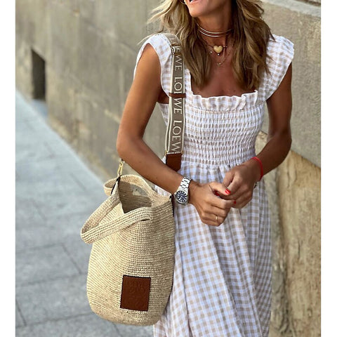 Women Boho Beach Dress Elegant Square Collar Plaid Dress Summer Casual Vintage Pleasted Dressre Y2K Cloting Sleeveles Maxi Dress
