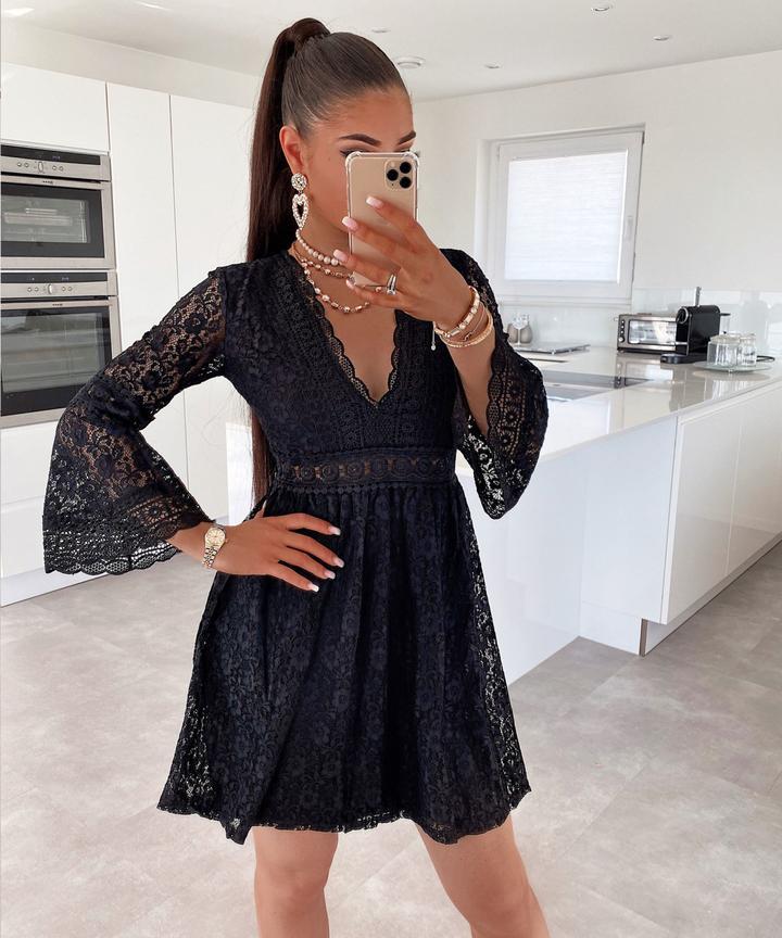 White Vintage Lace Dress Women Sexy Deep V-neck Hollow Out Long Sleeve Dresses For Women 2023 Spring Autumn Black Mini Dress