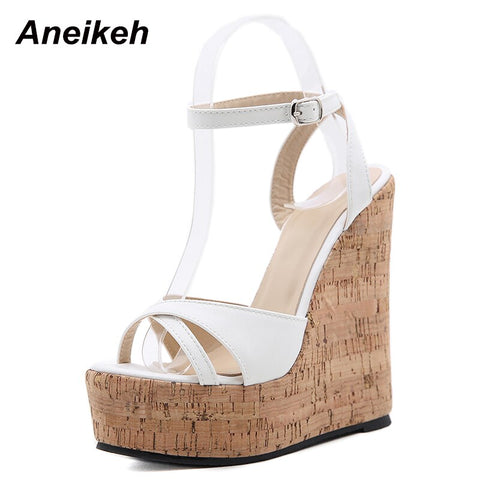 Aneikeh NEW Sexy Shoes For Women 2023 Fashion Platform Sewing Wedges High Heels Patchwork Retro Sandals Summer Femmes Chaussures