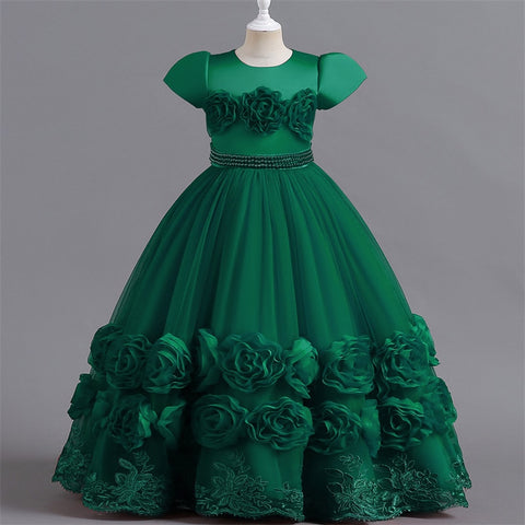 Floral Embroidery Elegant Kids Wedding Dresses Lace Mesh Children's Long Formal Princess Dress For Girls Evening Dresses