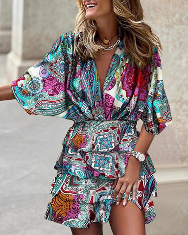 MOVOKAKA Ladies Spring Summer Sexy Beach Dress Batwing Sleeve V-neck Beam Waist Casual Mid Dress For Women Print Tierred Dresses