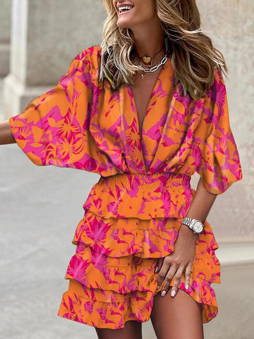 MOVOKAKA Ladies Spring Summer Sexy Beach Dress Batwing Sleeve V-neck Beam Waist Casual Mid Dress For Women Print Tierred Dresses
