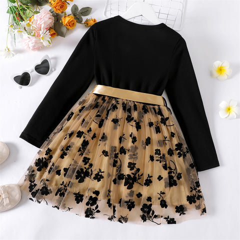 PatPat Kid Girl Dresses Floral Embroidered Belted Mesh Splice Long-sleeve Dress