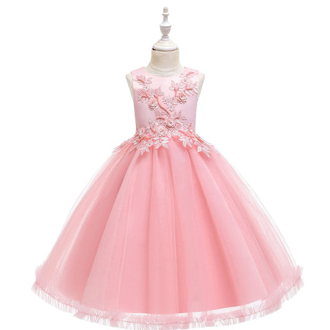 Pink Knee-Length Tulle Flower Girl Dress For Kids Round Neck Embroidered Child Party Dress For Girl 3-12 Years Old Sleeveless
