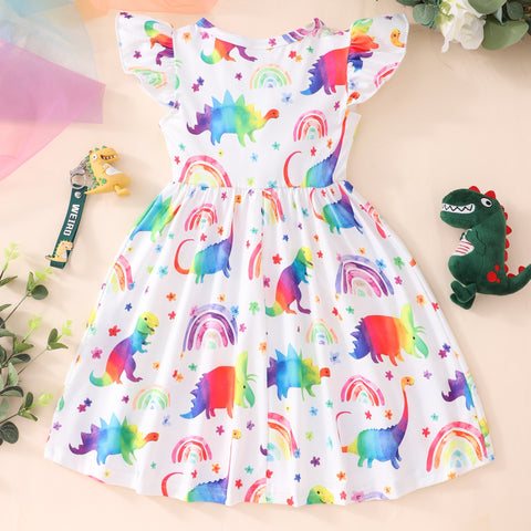 Flying Sleeve Dress Baby Girls Kids Party Tutu Ruffle Rainbow Dinosaur Dress Cotton Newborn Costume for 2-9Y