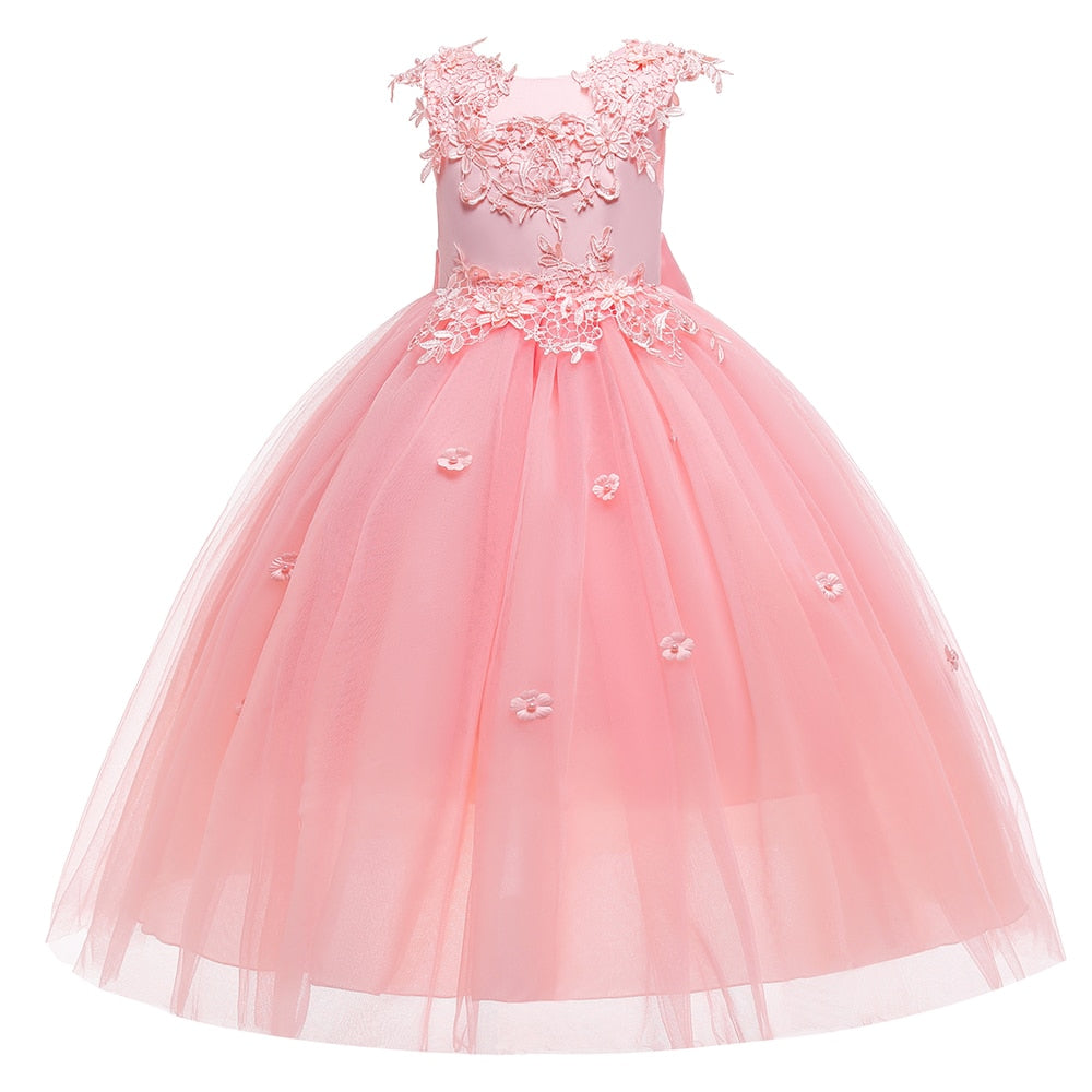 Formal Tulle Flower Bridesmaid Girls Dress Vestido White Wedding Princess Prom Kids Party Dresses For Girls Bow Birthday Costume