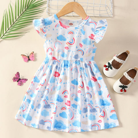 Summer Dress for Girls Lovely Cartoon Animal Dinosaur Flying Sleeve Kids Dresses Cotton Ruffles New Toddler Girl Clothes 1-7Y