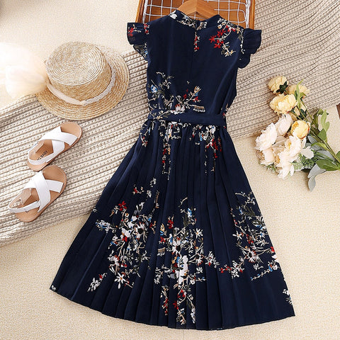 Girl 2023 Summer dress Lace cuffs vintage print dress sweet Pleated skirt children's clothing birthday party dress