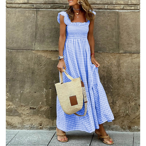 Women Boho Beach Dress Elegant Square Collar Plaid Dress Summer Casual Vintage Pleasted Dressre Y2K Cloting Sleeveles Maxi Dress