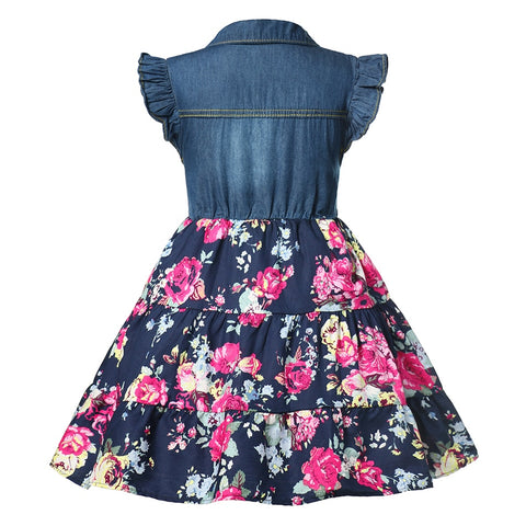 Summer Girls Denim Floral Dress Baby Kids Fashion Outfit Party Dress with Rose 2-10Y Children Flying Short Sleeve Casual Clothes