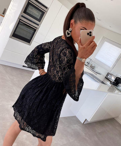 White Vintage Lace Dress Women Sexy Deep V-neck Hollow Out Long Sleeve Dresses For Women 2023 Spring Autumn Black Mini Dress
