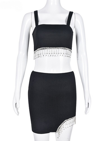 XIKTOP Irregular Skirt Set Women 2 Pieces 2023 Sexy Spaghetti Strap Crop Top+Stylish Chains Bodycon Skirt Outfits Y2K Party Suit