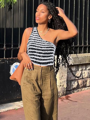 XIKTOP Inclined Shoulder Tank Top Women 2023 Summer Sexy Sleeveless Y2K Clothes Casual All-Matching Panelled Crop Top Streetwear