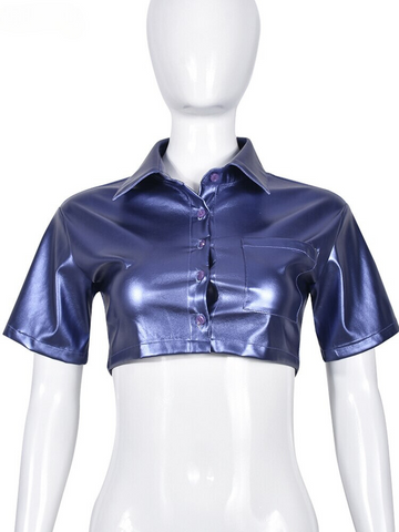 XIKTOP Lmitation Leather Blouse Women 2023 Summer Sexy Matt Cardigan Y2K Clothes Stylish All-Matching Crop Top Casual Streetwear