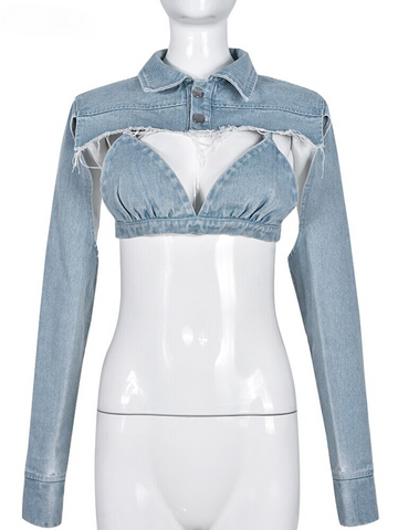 XIKTOP Denim Irregular Crop Top Set Women 2 Pieces Sexy Chest Wrap+Long Sleeve Backless Jacket Y2K Outfits Stylish Streetwear