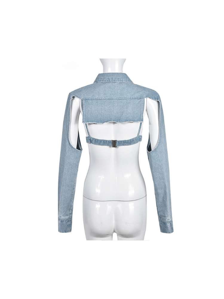 XIKTOP Denim Irregular Crop Top Set Women 2 Pieces Sexy Chest Wrap+Long Sleeve Backless Jacket Y2K Outfits Stylish Streetwear