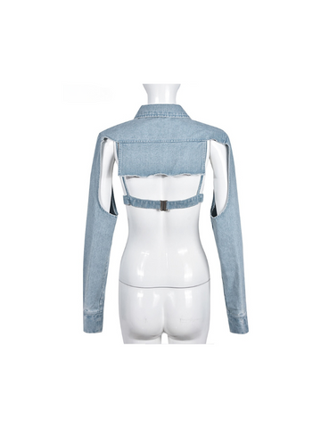 XIKTOP Denim Irregular Crop Top Set Women 2 Pieces Sexy Chest Wrap+Long Sleeve Backless Jacket Y2K Outfits Stylish Streetwear