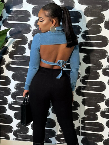 XIKTOP Denim Backless Blouse Women 2023 Sexy Lace-up Irregular Y2K Clothes Casual All-Matching Crop Top Streetwear Concise