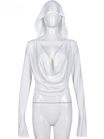 XIKTOP V-Neck Hooded T-Shirt Women 2023 Sexy Slim Y2K Clothes Stylish Solid All-Matching Crop Top Concise Basic Streetwear