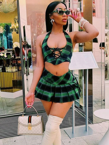 XIKTOP Pleated Plaid Skirt Women 2023 Summer Sexy Lace-up Halter Backless Crop Top+Slim Skirt Outfits Y2K Streetwear Suit
