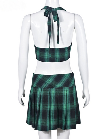 XIKTOP Pleated Plaid Skirt Women 2023 Summer Sexy Lace-up Halter Backless Crop Top+Slim Skirt Outfits Y2K Streetwear Suit