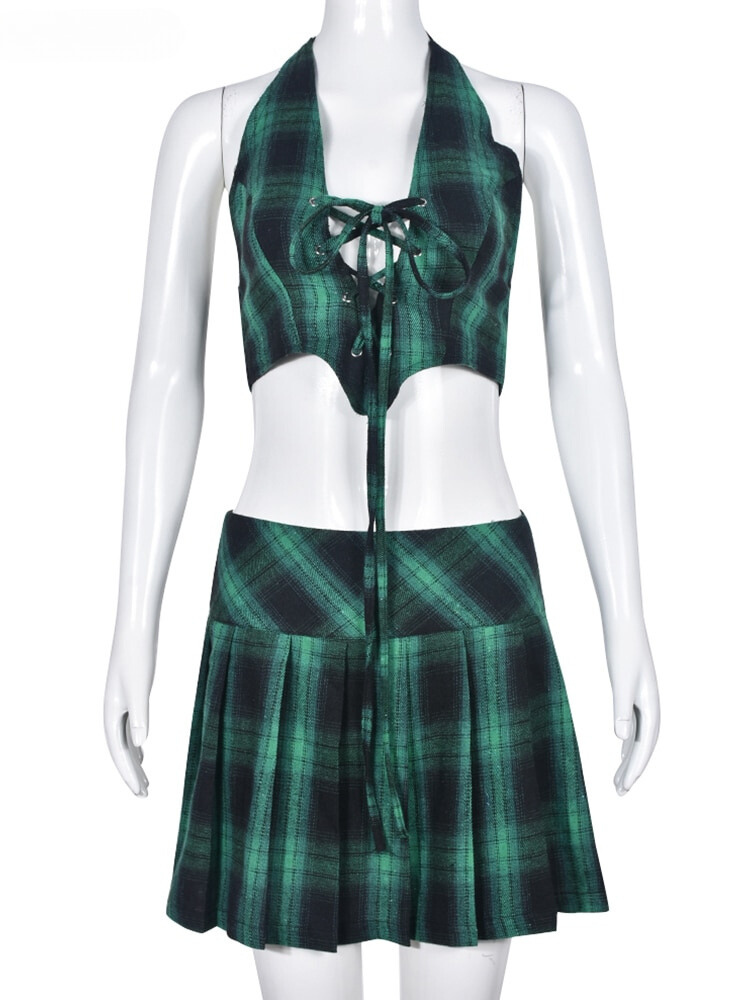 XIKTOP Pleated Plaid Skirt Women 2023 Summer Sexy Lace-up Halter Backless Crop Top+Slim Skirt Outfits Y2K Streetwear Suit