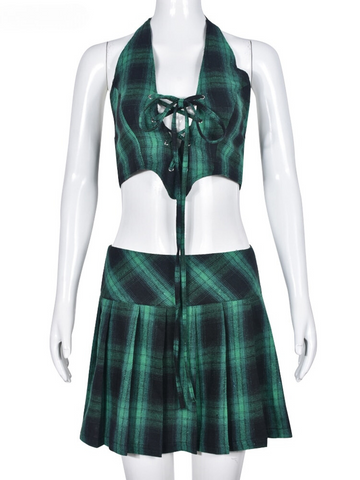 XIKTOP Pleated Plaid Skirt Women 2023 Summer Sexy Lace-up Halter Backless Crop Top+Slim Skirt Outfits Y2K Streetwear Suit