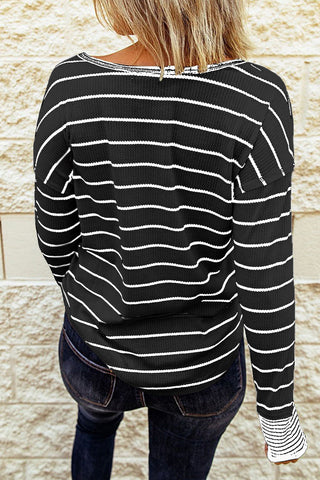 Striped Waffle Knit Henley Long Sleeve Top
