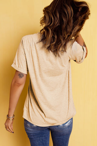 Slogan Graphic Round Neck Cuffed Sleeve Tee