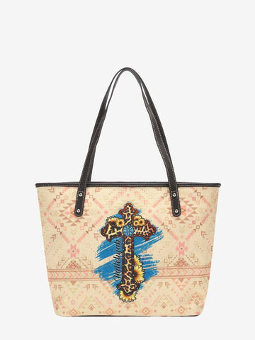 Canvas Tote Bag-Aztec Leopard Cross/Hallelujah-Tan