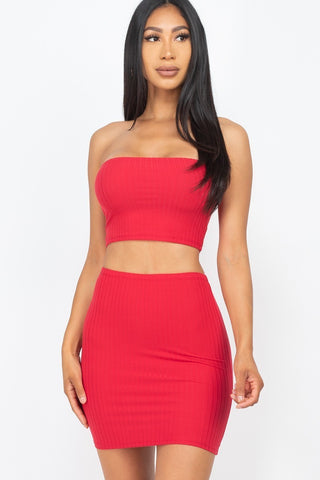 Ribbed Tube Top And Mini Skirt Sets