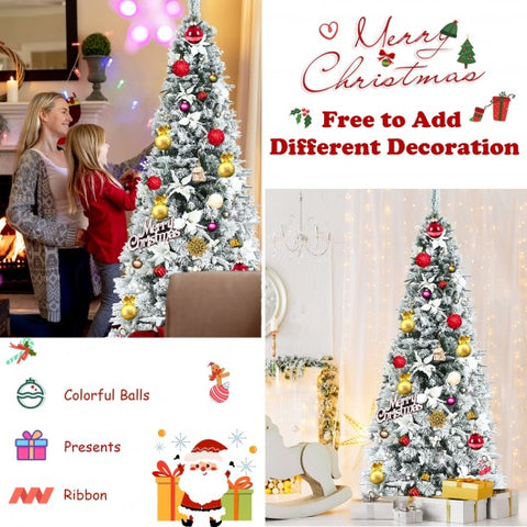 Snow Flocked Christmas Pencil Tree with Berries and Poinsettia Flowers- 8 ft