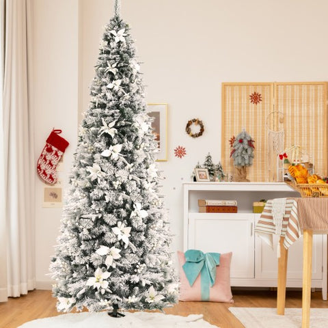 Snow Flocked Christmas Pencil Tree with Berries and Poinsettia Flowers- 8 ft