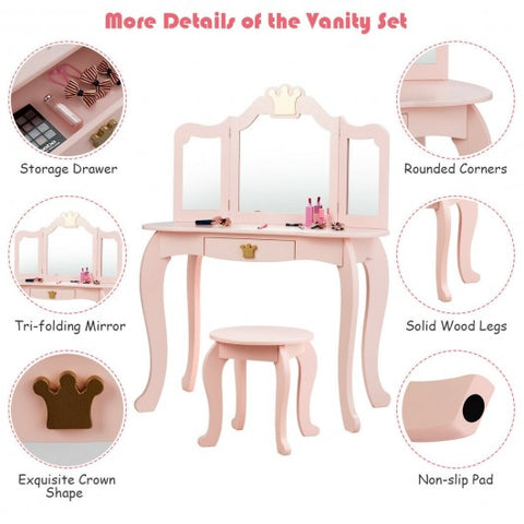 Kids Makeup Dressing Table with Tri-folding Mirror and Stool-Pink