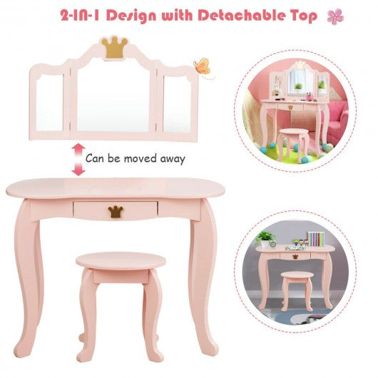 Kids Makeup Dressing Table with Tri-folding Mirror and Stool-Pink