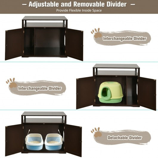 Wooden Cat Litter Box Enclosure Hidden Cat Washroom with Storage Layer-Brown