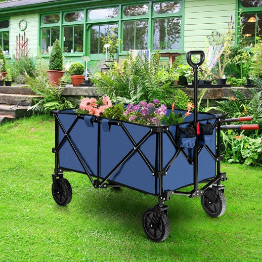 Outdoor Folding Wagon Cart with Adjustable Handle and Universal Wheels-Navy